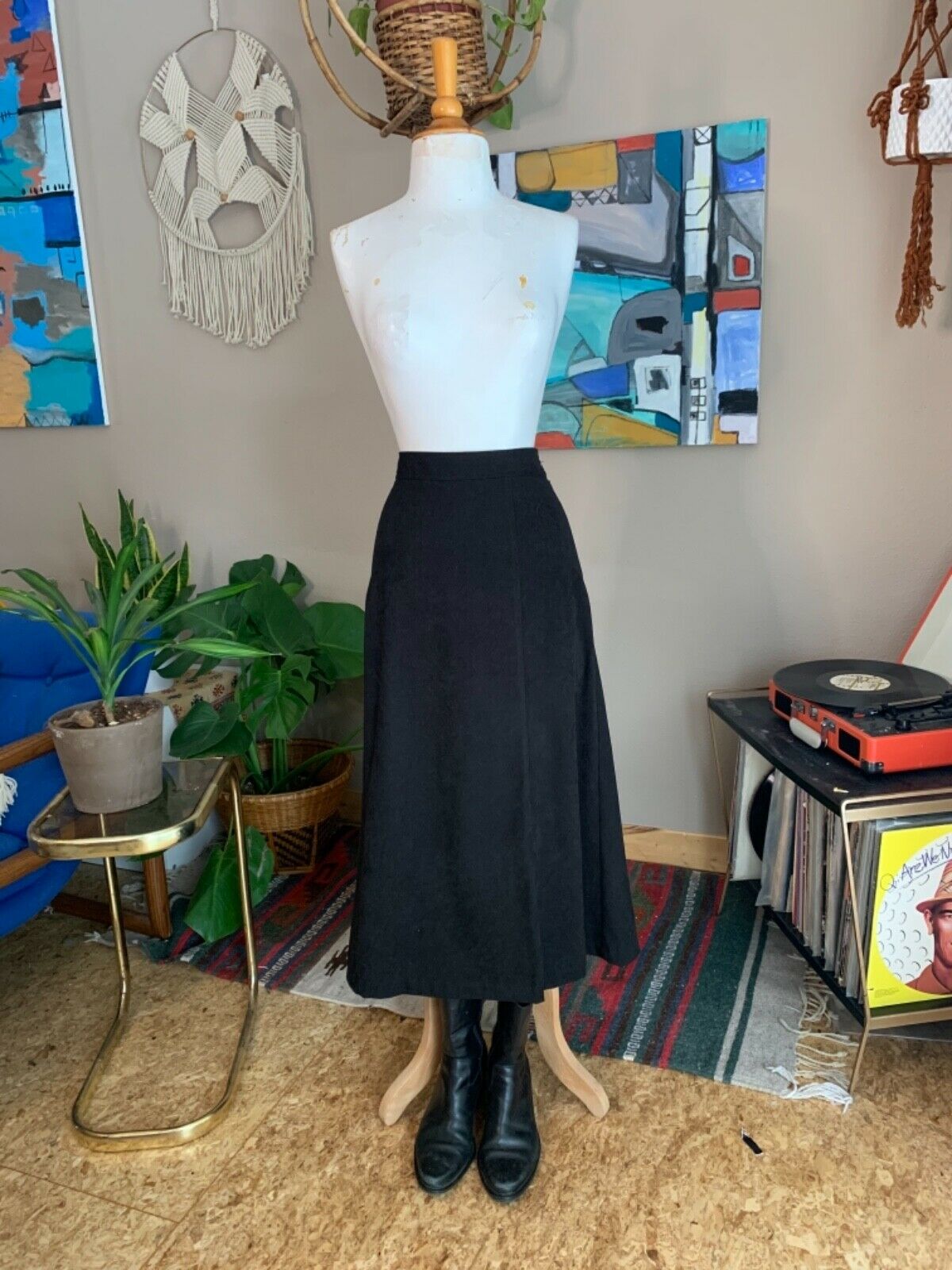 90s vintage women’s minimal black micro fiber high waist midi skirt - Fresh Stock Dated October 2025