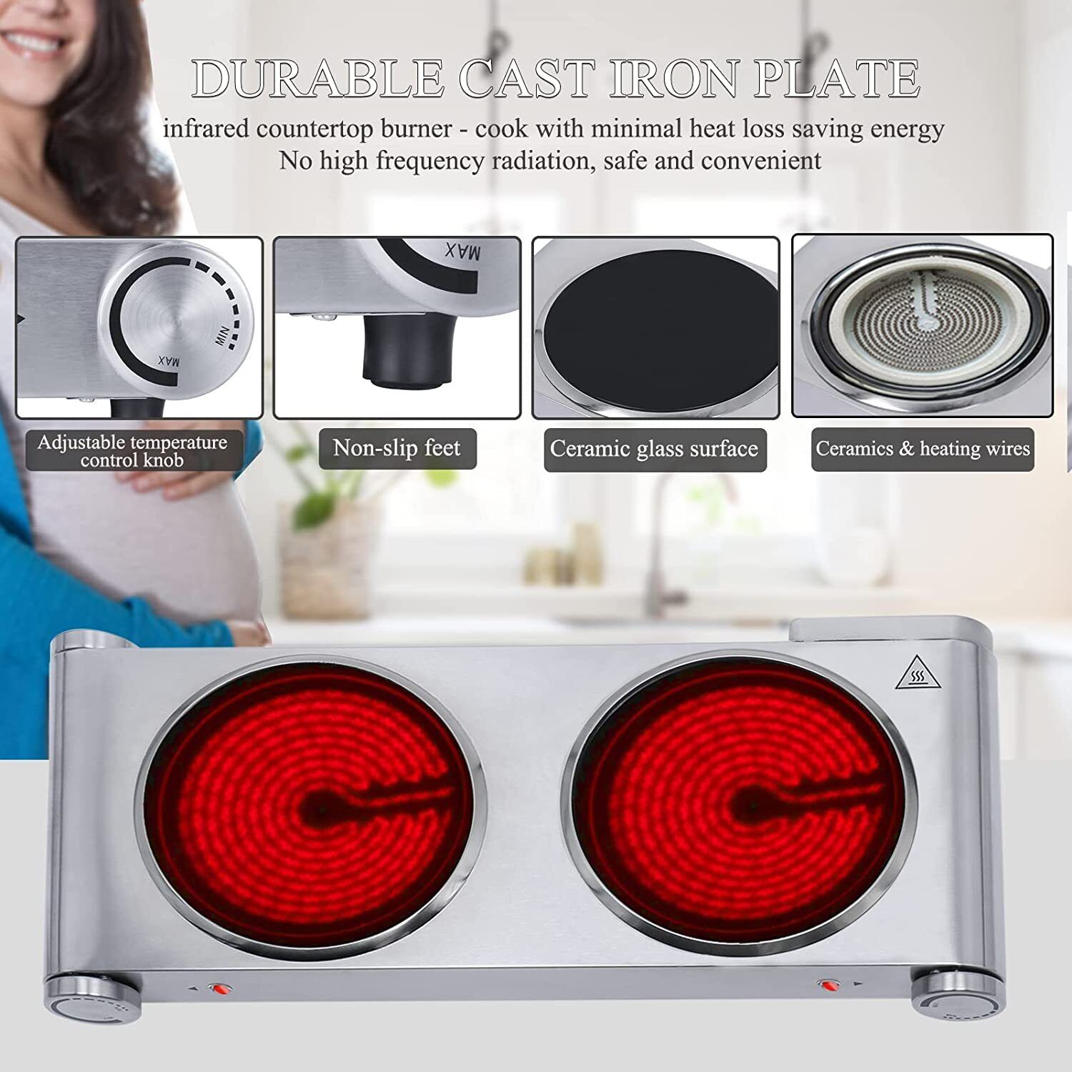 1800W Ceramic Burner Electric Hot Plate Dual Control Infrared Countertop Cooktop - Fresh Stock Dated October 2025