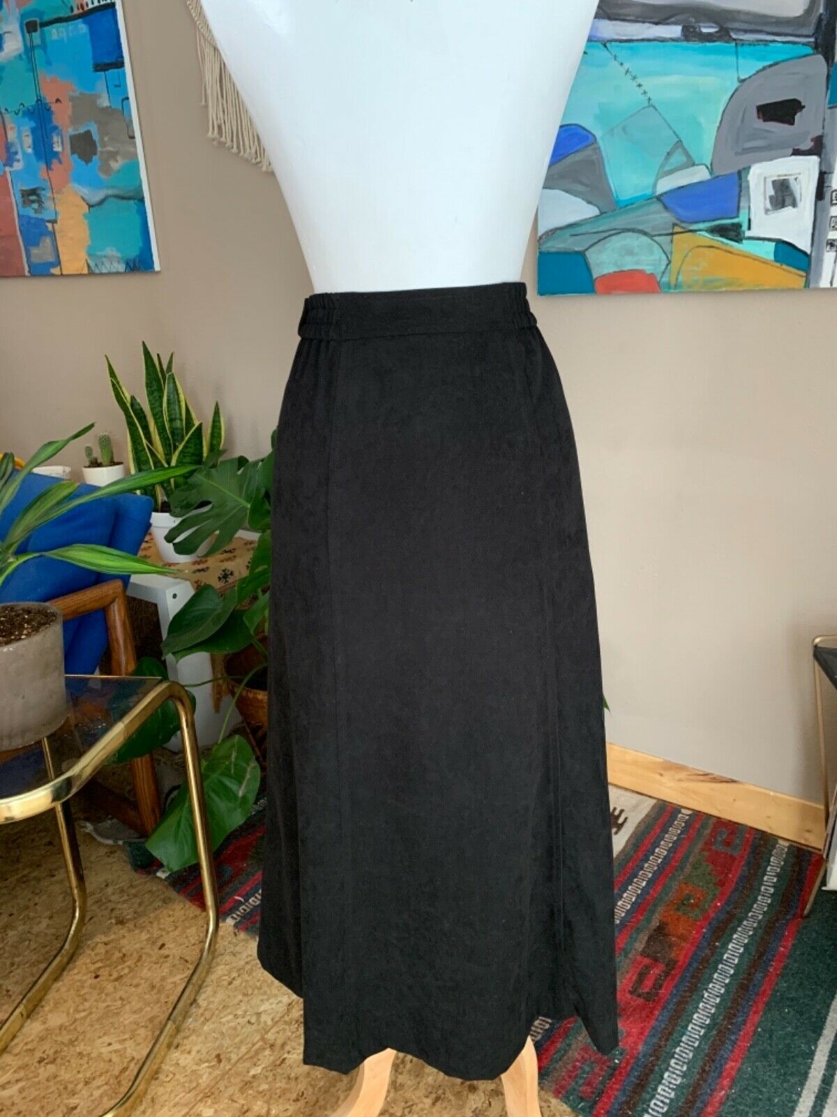 90s vintage women’s minimal black micro fiber high waist midi skirt - Fresh Stock Dated October 2025