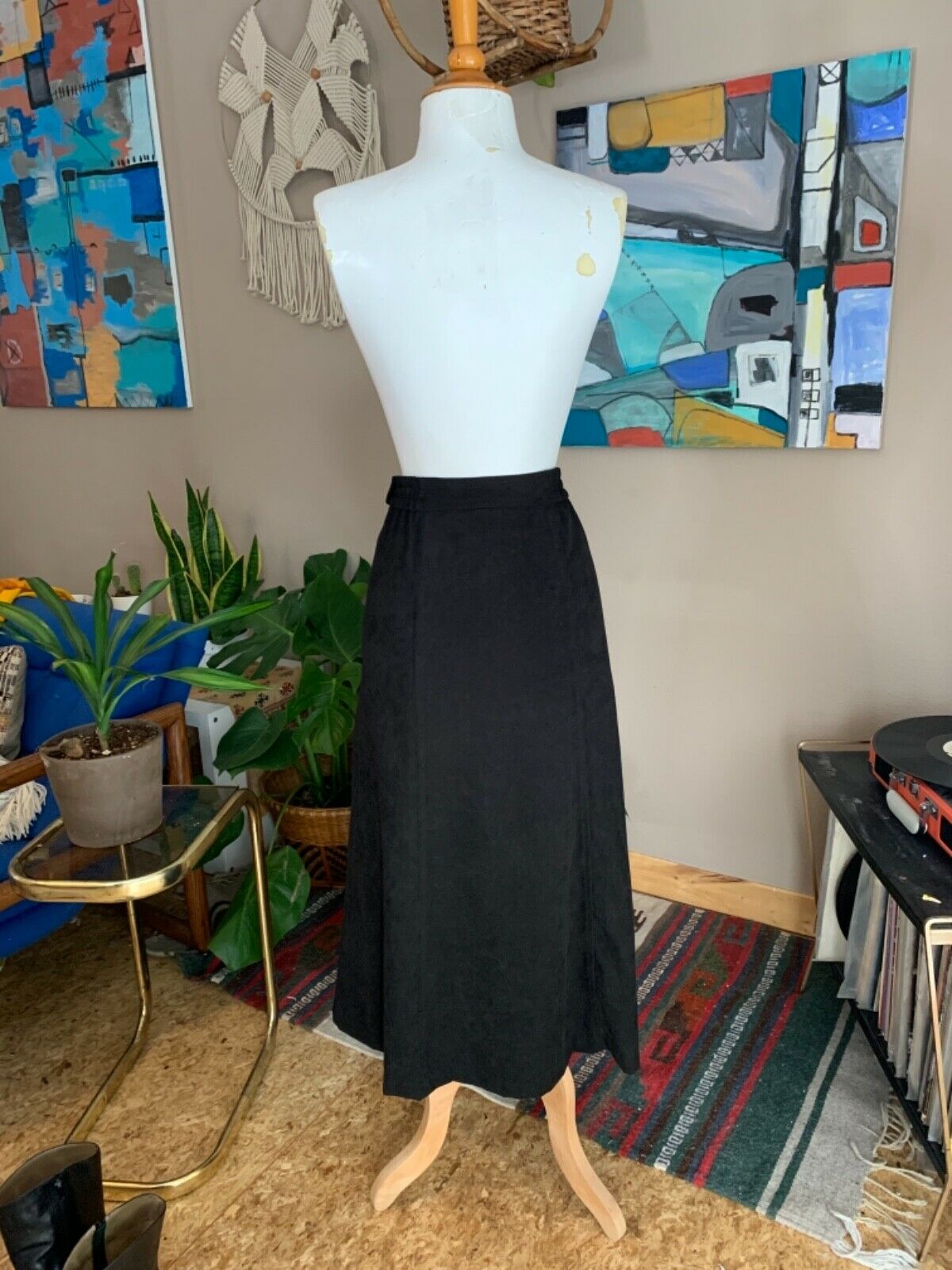 90s vintage women’s minimal black micro fiber high waist midi skirt - Fresh Stock Dated October 2025