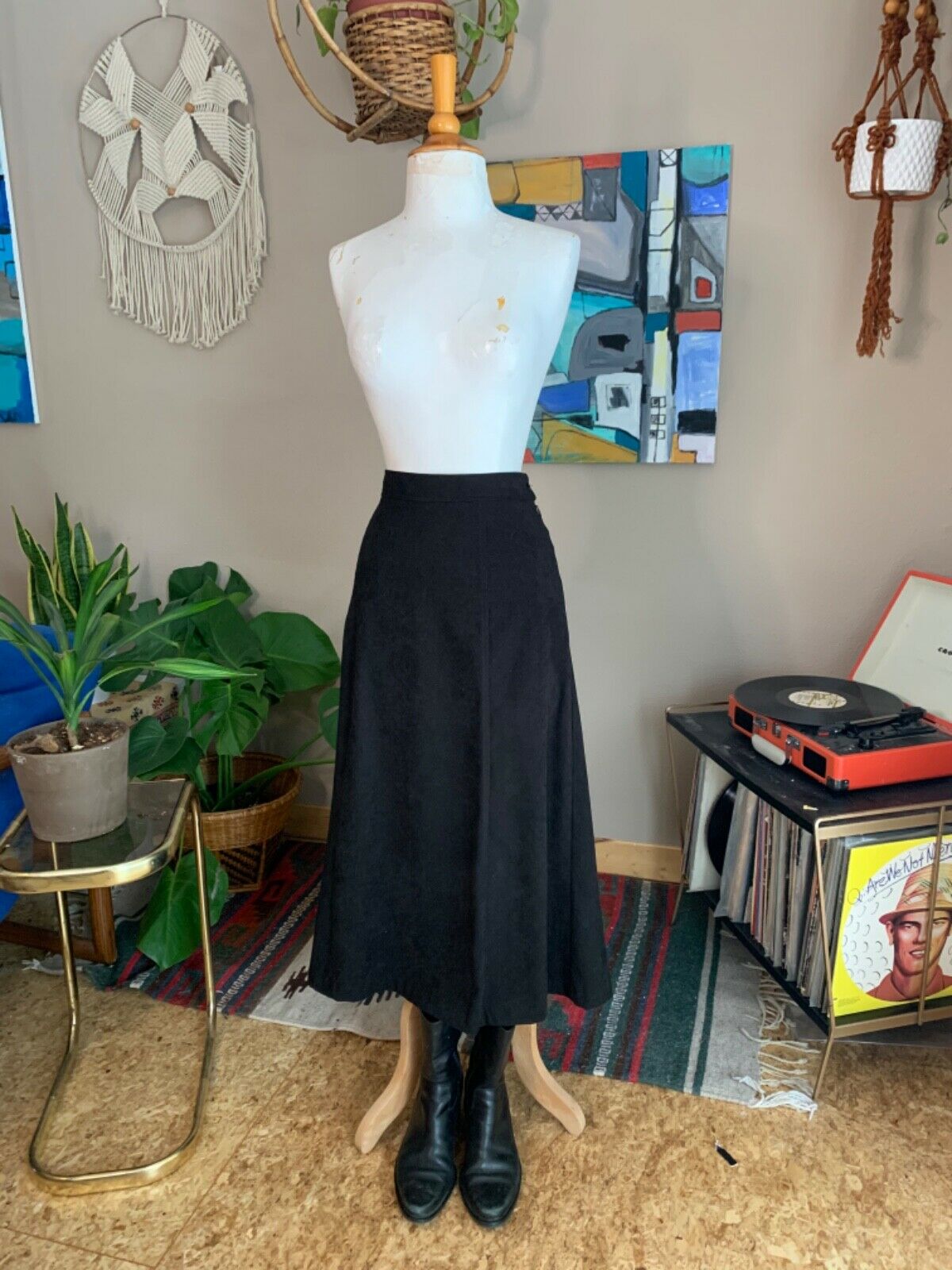90s vintage women’s minimal black micro fiber high waist midi skirt - Fresh Stock Dated October 2025