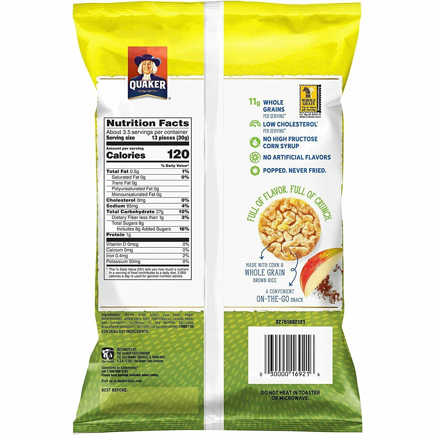 Quaker Rice Crisps Apple Cinnamon 3.52oz Bag, Pack of 4 (or 2 - 7 oz bags) - Fresh Stock Dated October 2025
