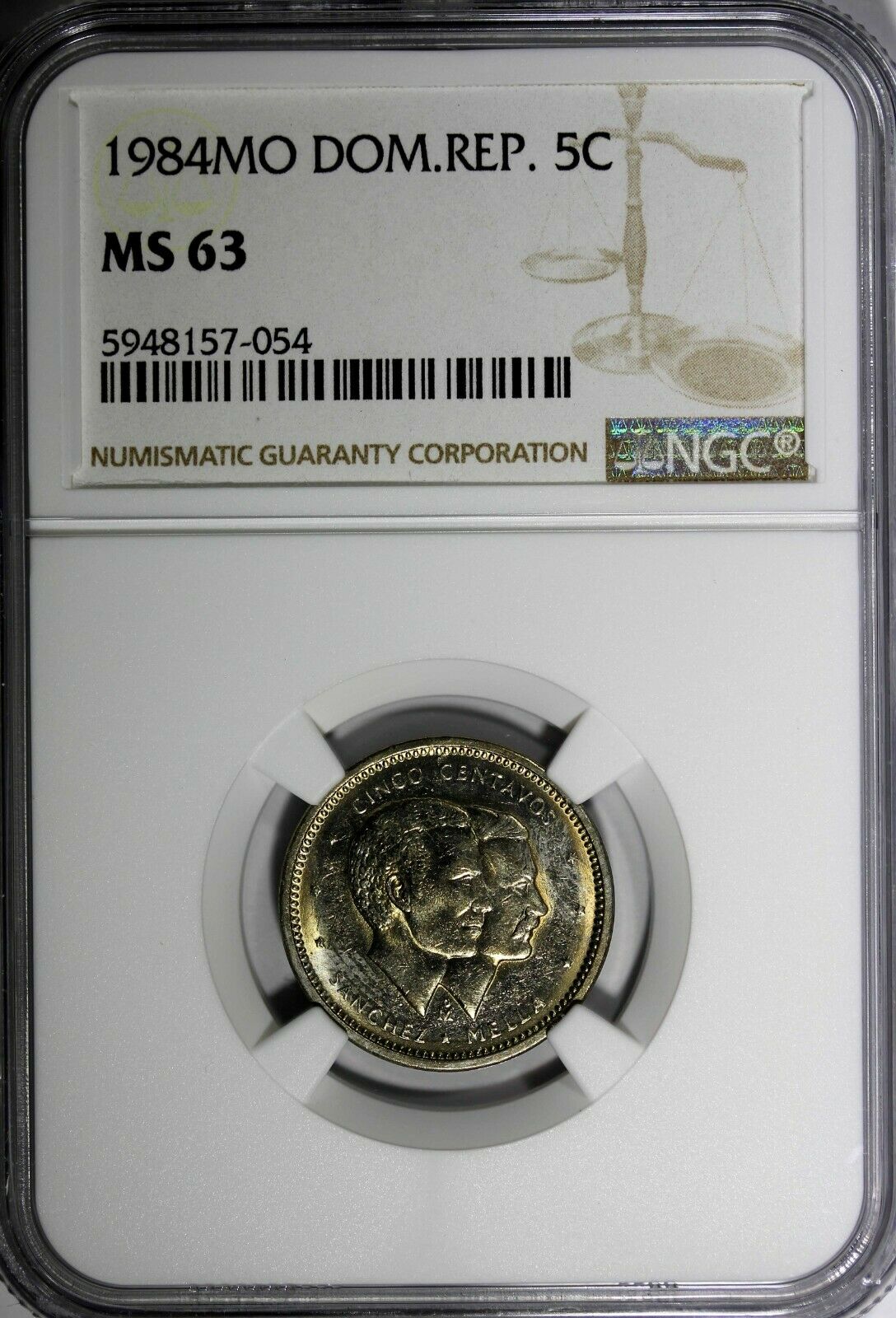 DOMINICAN REPUBLIC 1984 MO 5 Centavos NGC MS63 Sanchez and Mella KM# 59 (054) - Fresh Stock Dated October 2025