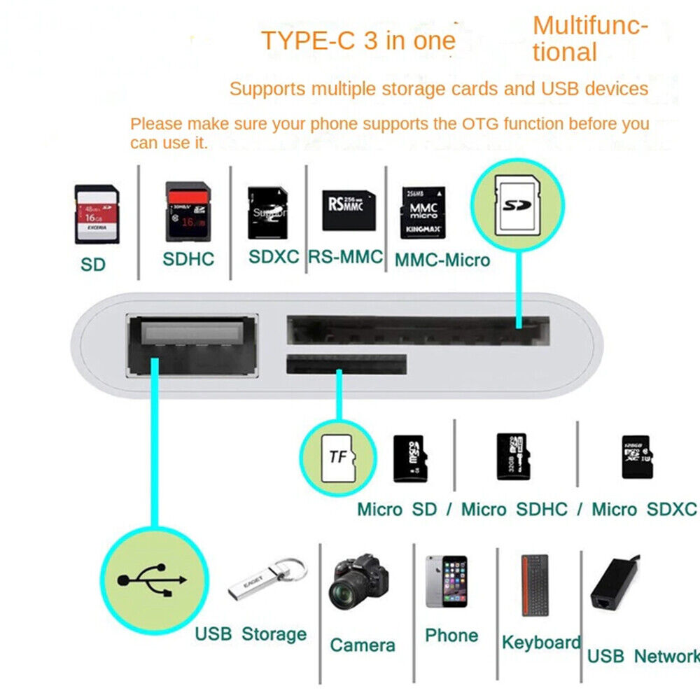 3 in 1 Type C USB OTG Adapter SD/TF Card Reader For Samsung Android Phone - Fresh Stock Dated October 2025