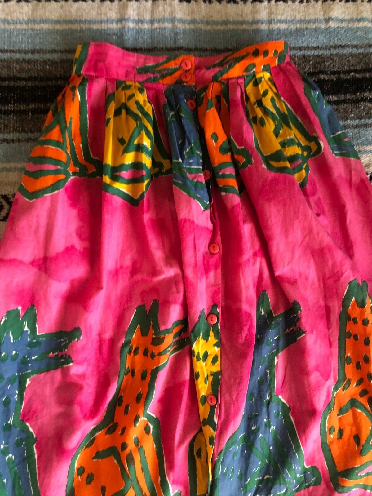 Vtg 70s 80s CLAUDE Cotton NOVELTY Art DOG Print PLEAT New Wave MIDI Skirt 10 M - Fresh Stock Dated October 2025