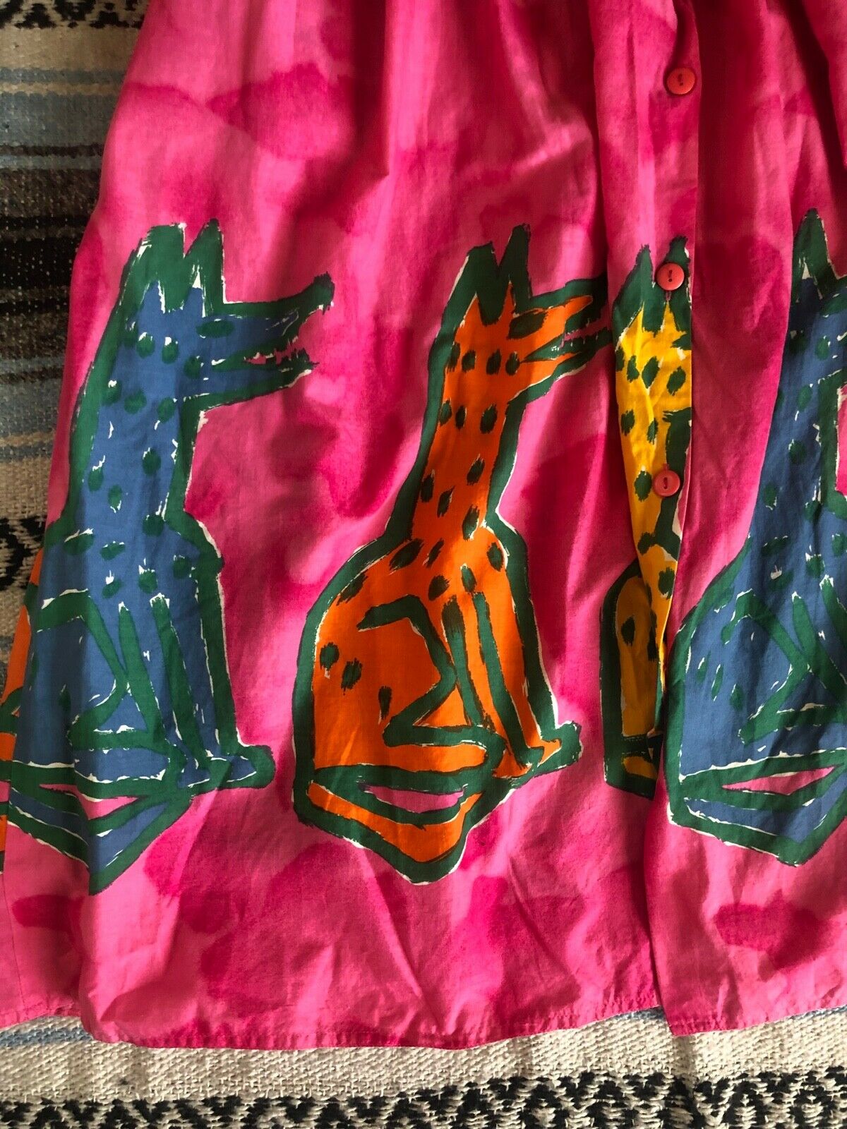 Vtg 70s 80s CLAUDE Cotton NOVELTY Art DOG Print PLEAT New Wave MIDI Skirt 10 M - Fresh Stock Dated October 2025