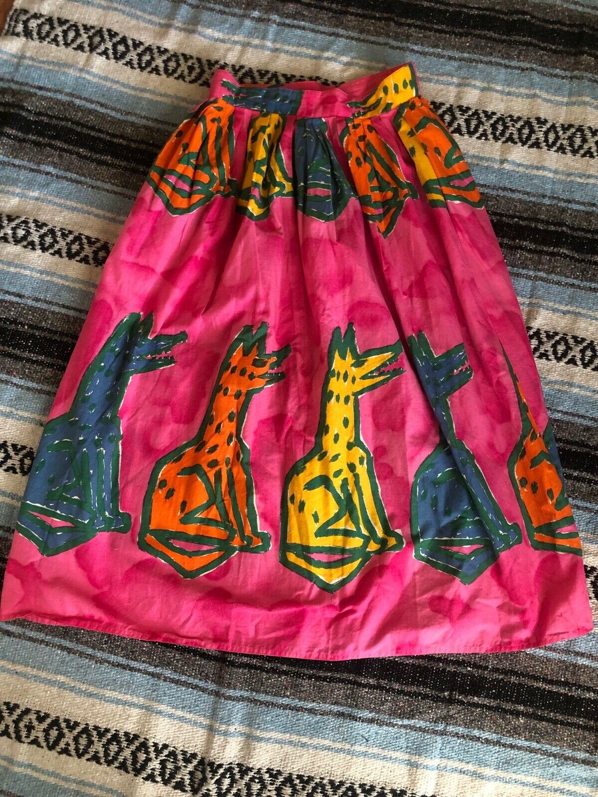 Vtg 70s 80s CLAUDE Cotton NOVELTY Art DOG Print PLEAT New Wave MIDI Skirt 10 M - Fresh Stock Dated October 2025