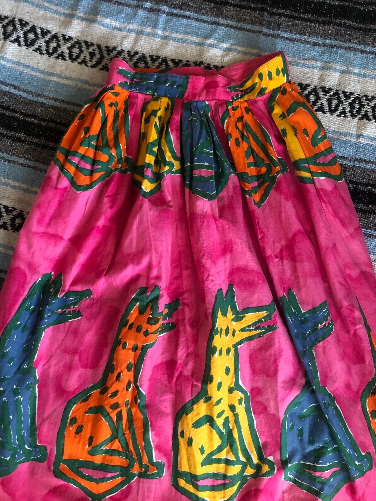 Vtg 70s 80s CLAUDE Cotton NOVELTY Art DOG Print PLEAT New Wave MIDI Skirt 10 M - Fresh Stock Dated October 2025
