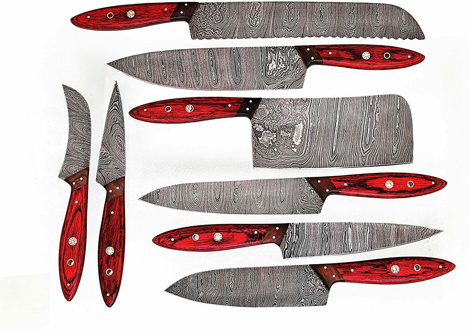 HAND MADE DAMASCUS BLADE 8 PCS KITCHEN/CHEF KNIFE SET 1046-8RD with sheet - Fresh Stock Dated October 2025