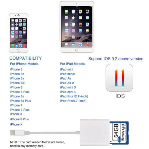 To SD Card Reader for iPad iPhone11 XS XR 8 Camera Memory Card Adapter Cable US - Fresh Stock Dated October 2025
