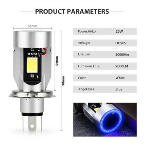 H4 HB2 9003 2000LM Motorcycle LED Headlight Kit Hi/Lo Bulb With Blue Halo Rings - Fresh Stock Dated October 2025