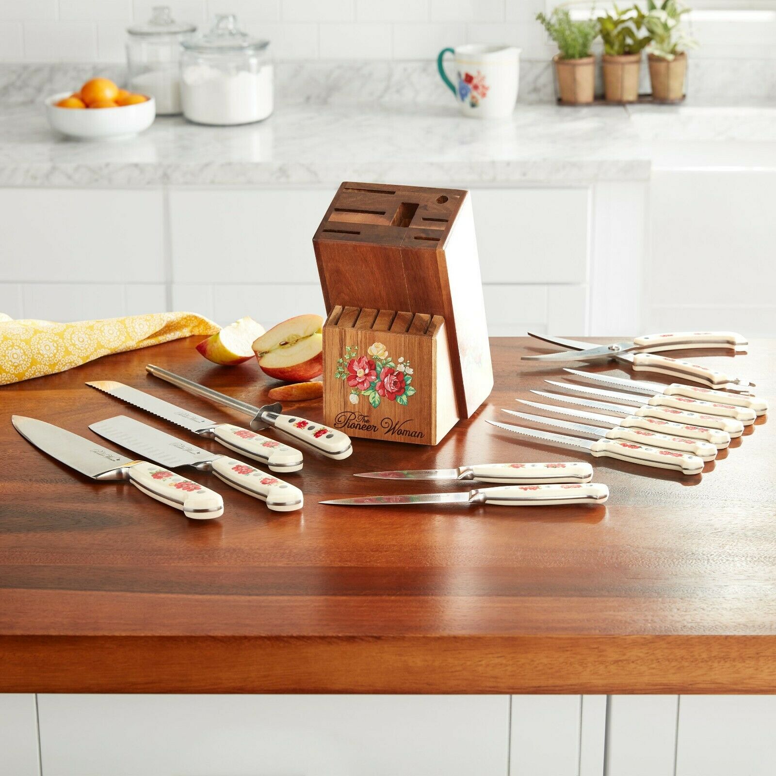 The Pioneer Woman Frontier 14-Piece Cutlery Set with Wood Block, Vintage Floral - Fresh Stock Dated October 2025