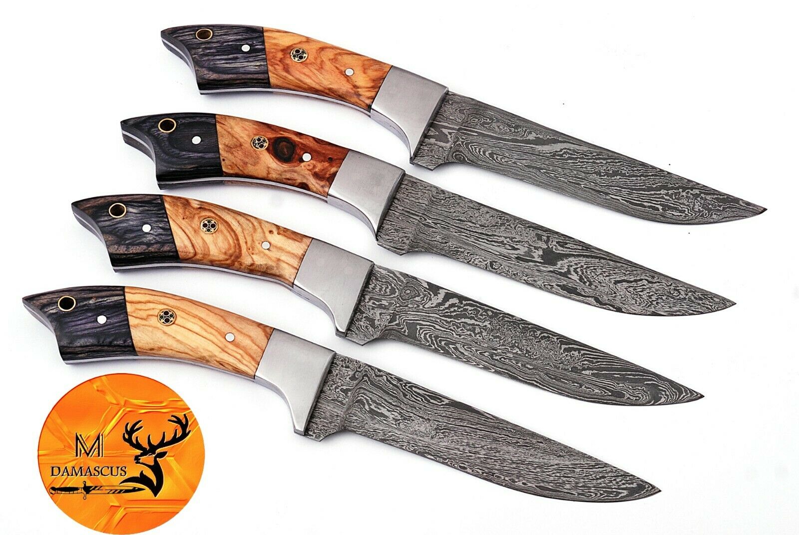 FOUR DAMASCUS STEEL STEAK CHEF KNIVES WITH WOOD & STEEL BOLSTER HANDLE - AJ 1399 - Fresh Stock Dated October 2025