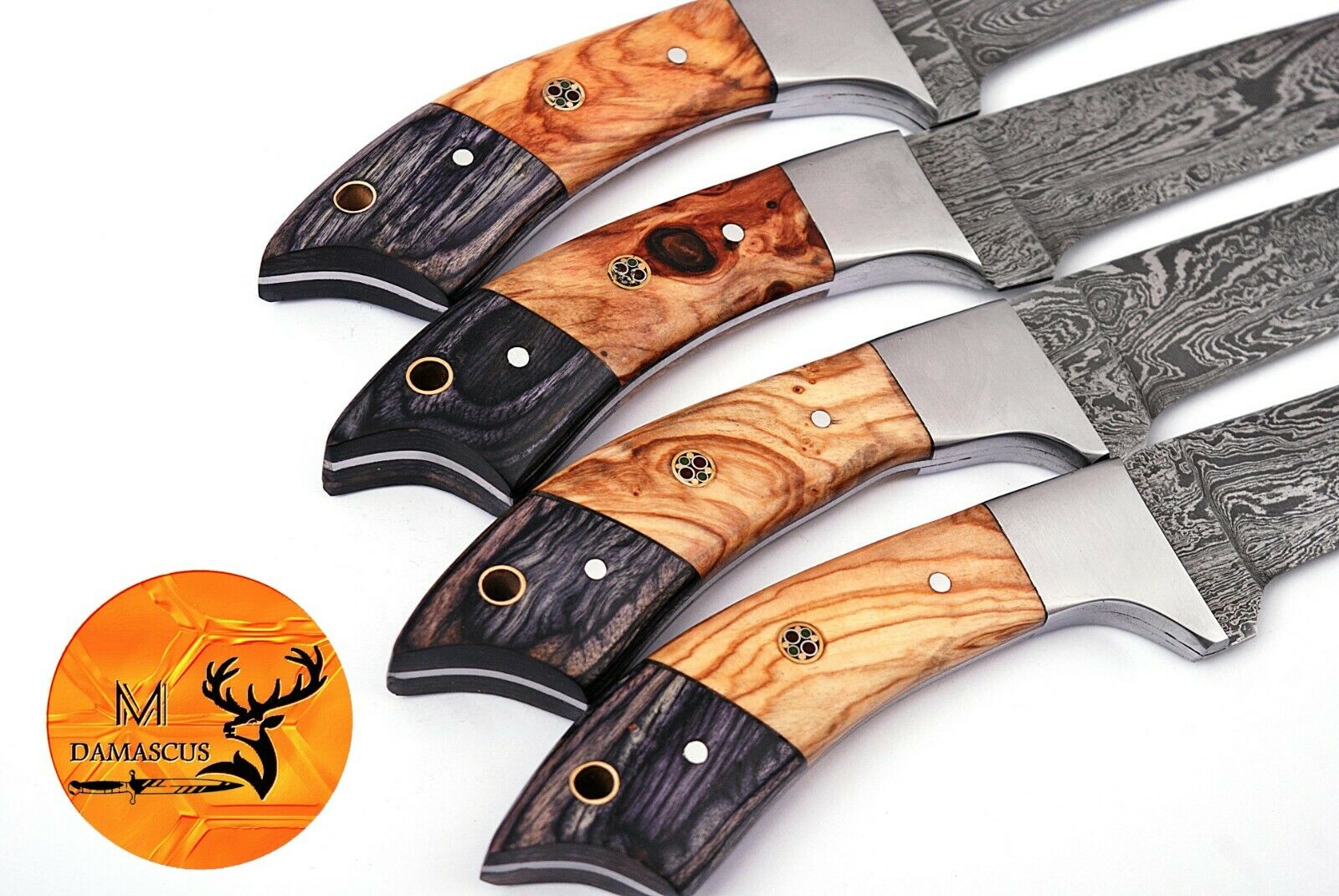 FOUR DAMASCUS STEEL STEAK CHEF KNIVES WITH WOOD & STEEL BOLSTER HANDLE - AJ 1399 - Fresh Stock Dated October 2025