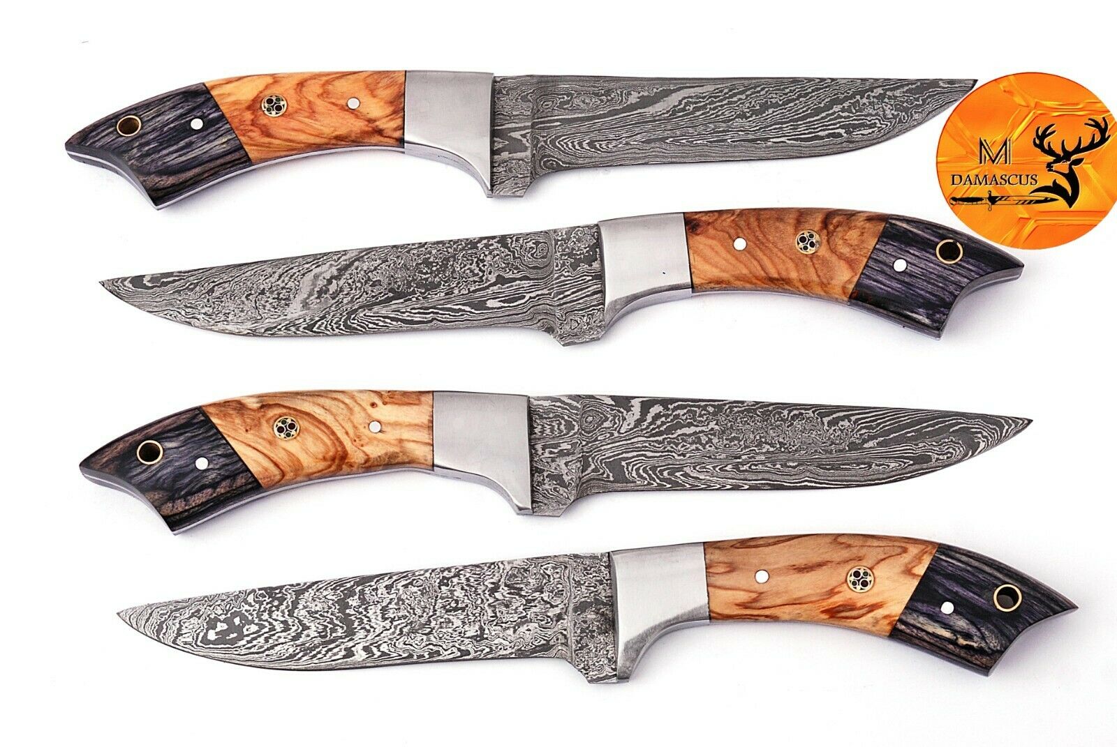FOUR DAMASCUS STEEL STEAK CHEF KNIVES WITH WOOD & STEEL BOLSTER HANDLE - AJ 1399 - Fresh Stock Dated October 2025