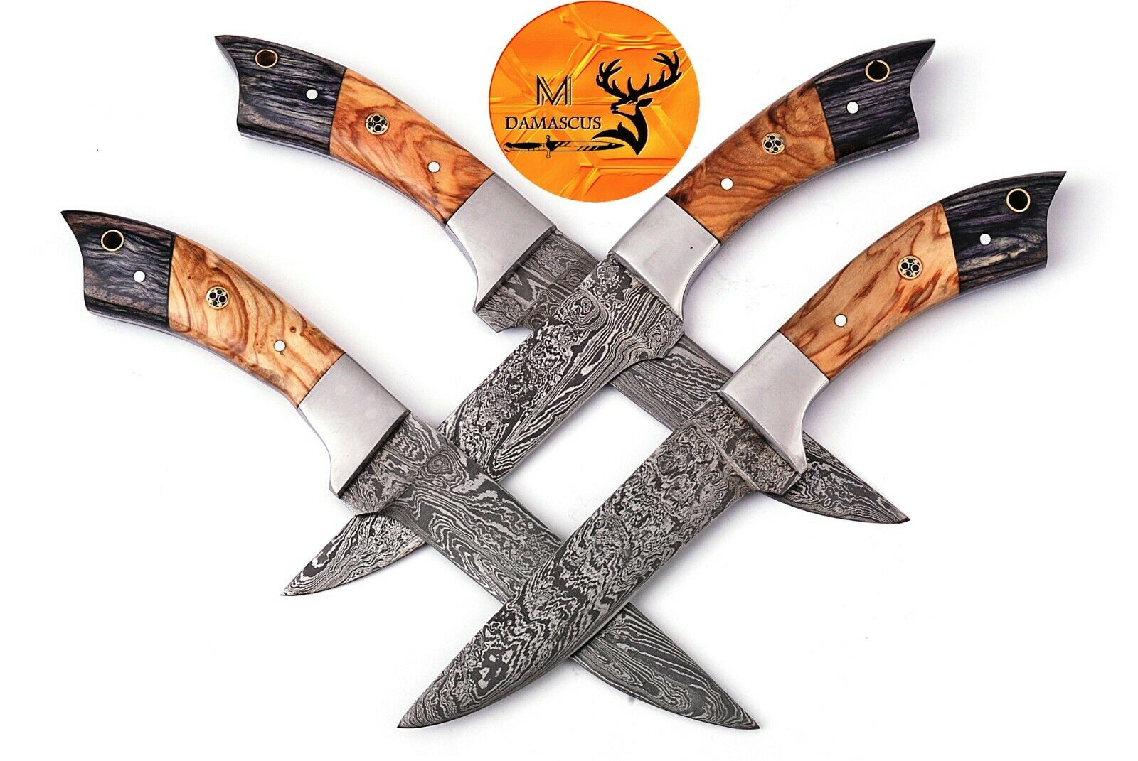 FOUR DAMASCUS STEEL STEAK CHEF KNIVES WITH WOOD & STEEL BOLSTER HANDLE - AJ 1399 - Fresh Stock Dated October 2025