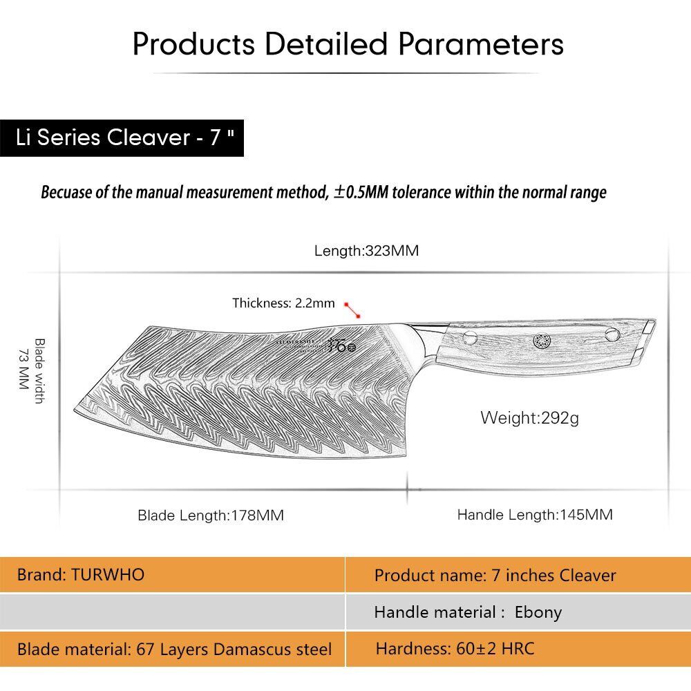 TURWHO 7inch Cleaver Knife 67-Layer Japanese VG10 Damascus Steel Chef Knives - Fresh Stock Dated October 2025