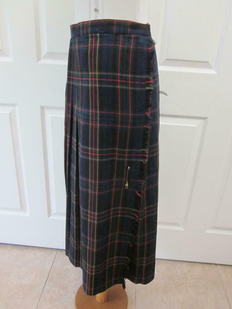 VTG AUSTIN HILL 100% Worsted Wool Green Navy Red Plaid Kilt Skirt w/ Pin Sz 14 - Fresh Stock Dated October 2025