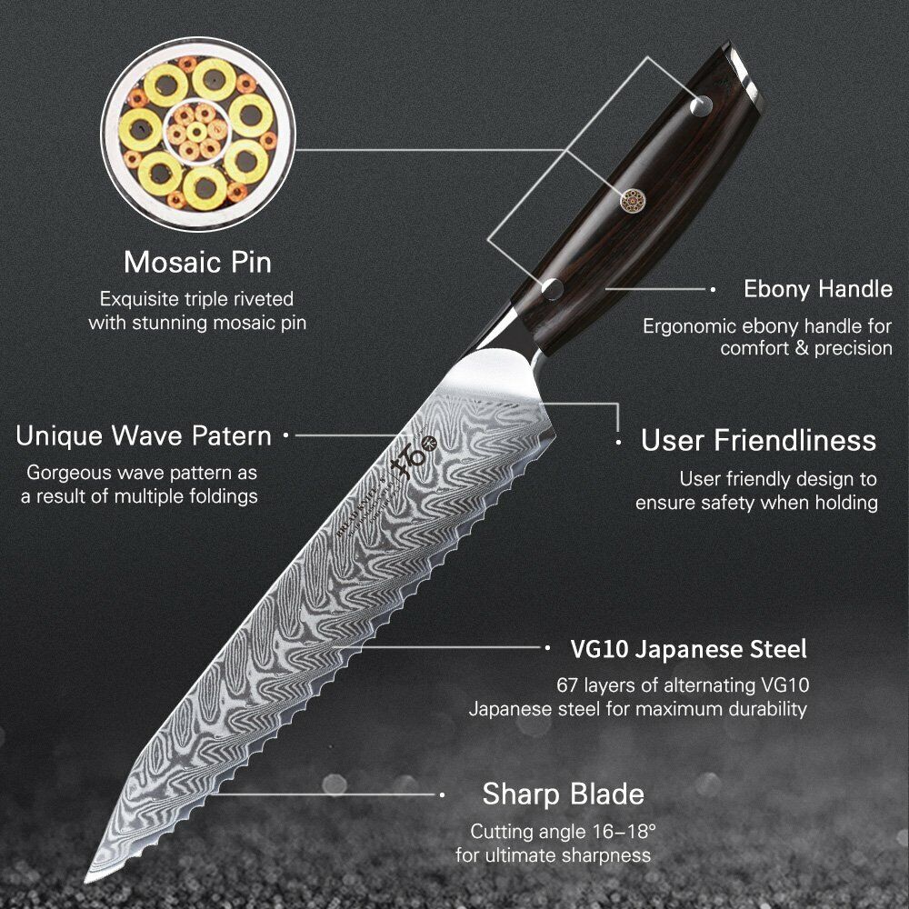 TURWHO 8inch Bread Knife 67-Layer Japanese VG10 Damascus Steel Kitchen Knife - Fresh Stock Dated October 2025
