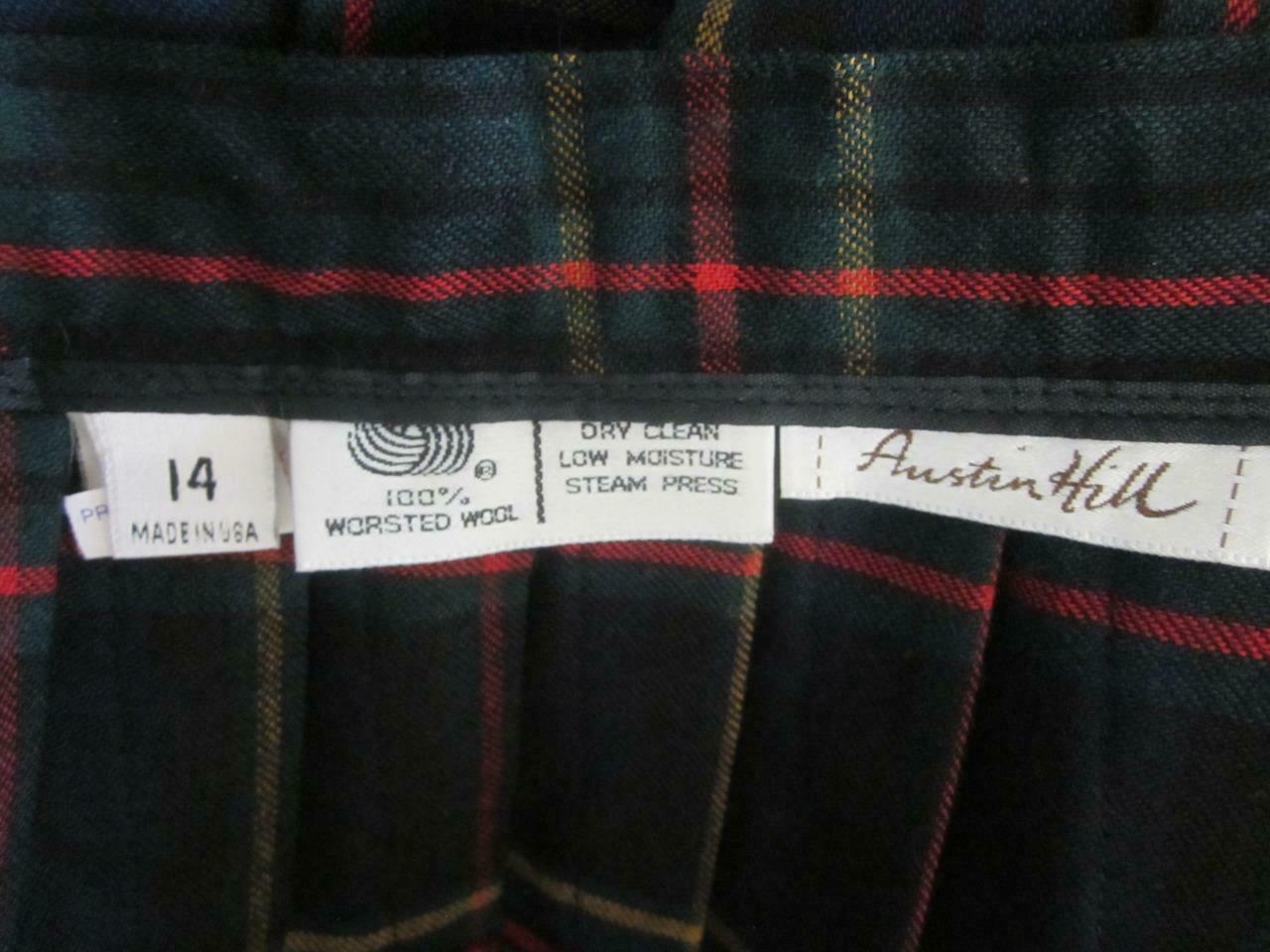 VTG AUSTIN HILL 100% Worsted Wool Green Navy Red Plaid Kilt Skirt w/ Pin Sz 14 - Fresh Stock Dated October 2025
