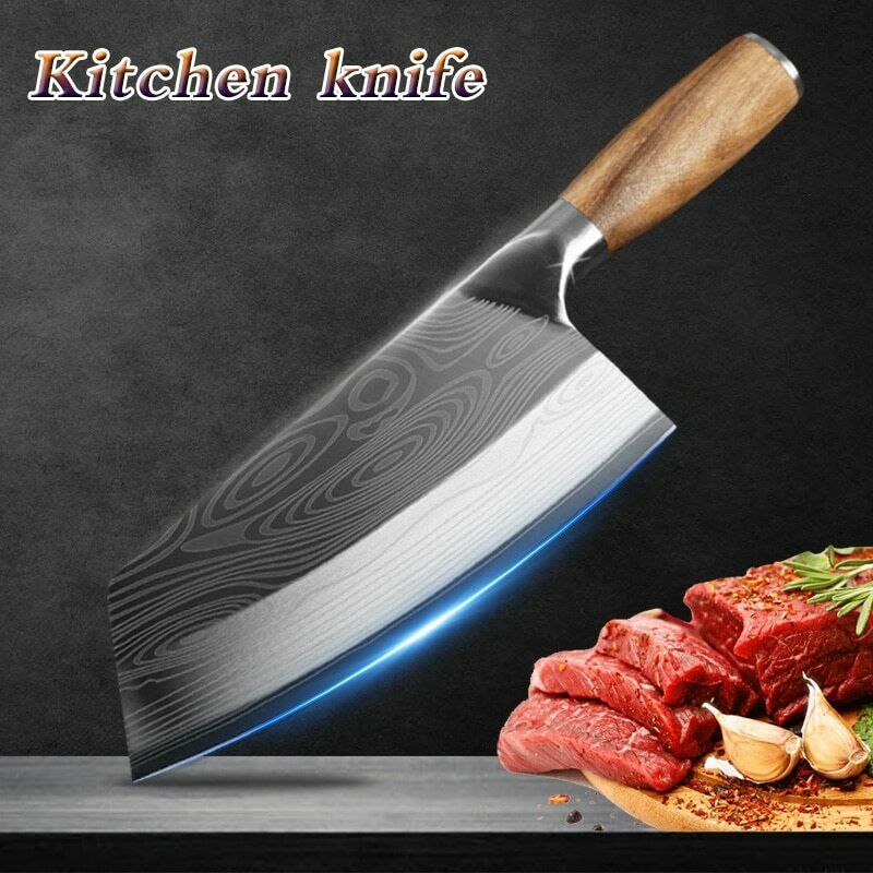 Stainless Steel Asian Chef Knife Kitchen Butcher Damascus Cleaver Chopping Meat - Fresh Stock Dated October 2025