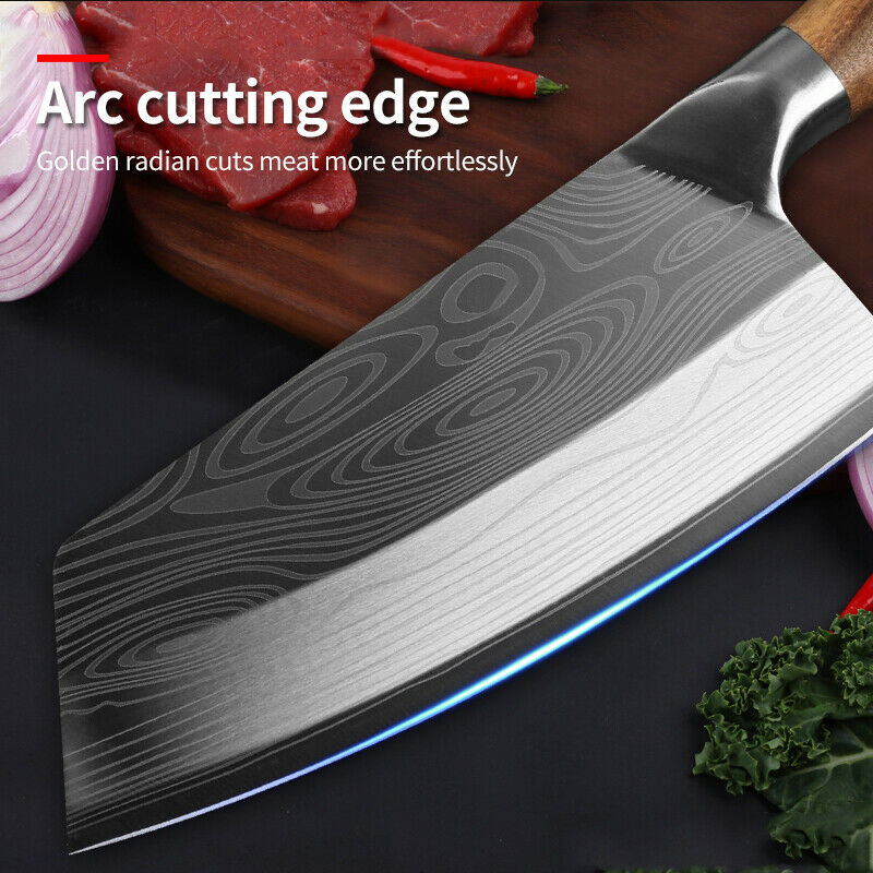 Stainless Steel Asian Chef Knife Kitchen Butcher Damascus Cleaver Chopping Meat - Fresh Stock Dated October 2025