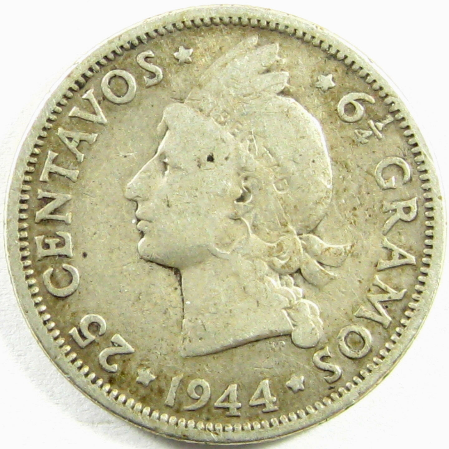 1944 Domnican Republic  25 Centavos  Km# 20  Silver  Mintage = 400,000! Fine + - Fresh Stock Dated October 2025