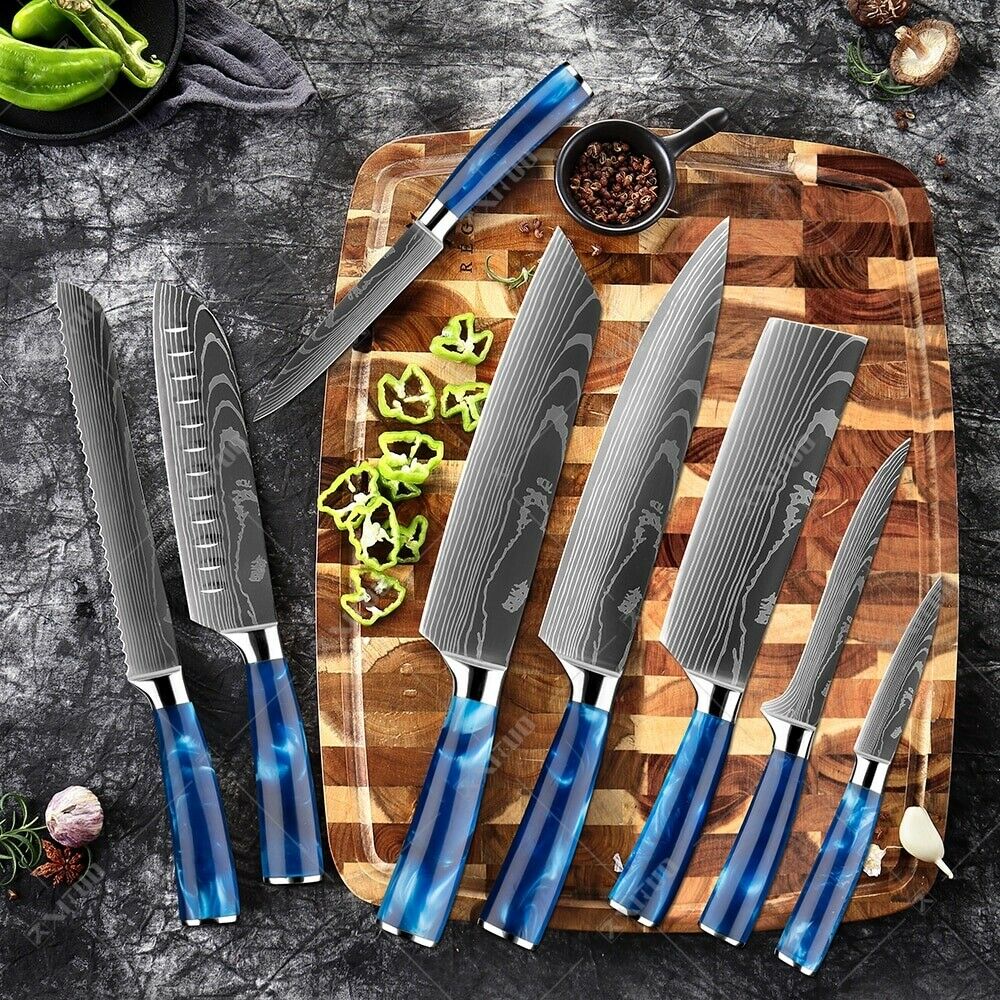 10 Pcs kitchen knives Set Damascus pattern Japanese Chef knife blue resin handle - Fresh Stock Dated October 2025