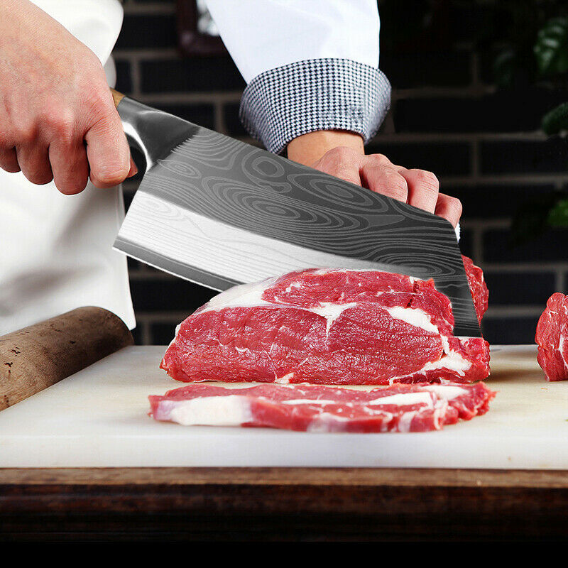 Stainless Steel Asian Chef Knife Kitchen Butcher Damascus Cleaver Chopping Meat - Fresh Stock Dated October 2025
