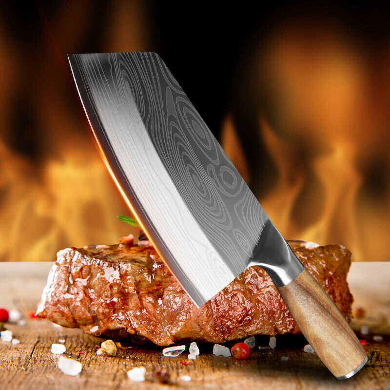 Stainless Steel Asian Chef Knife Kitchen Butcher Damascus Cleaver Chopping Meat - Fresh Stock Dated October 2025