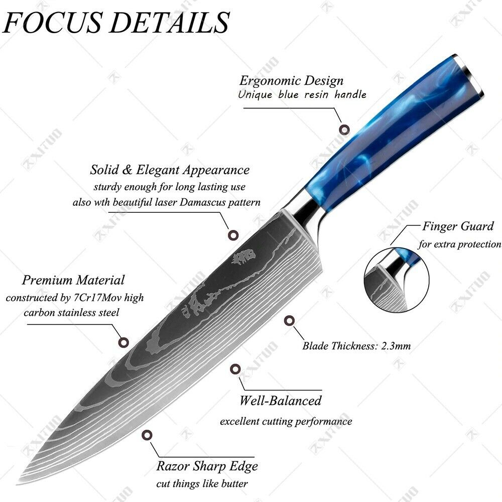 10 Pcs kitchen knives Set Damascus pattern Japanese Chef knife blue resin handle - Fresh Stock Dated October 2025