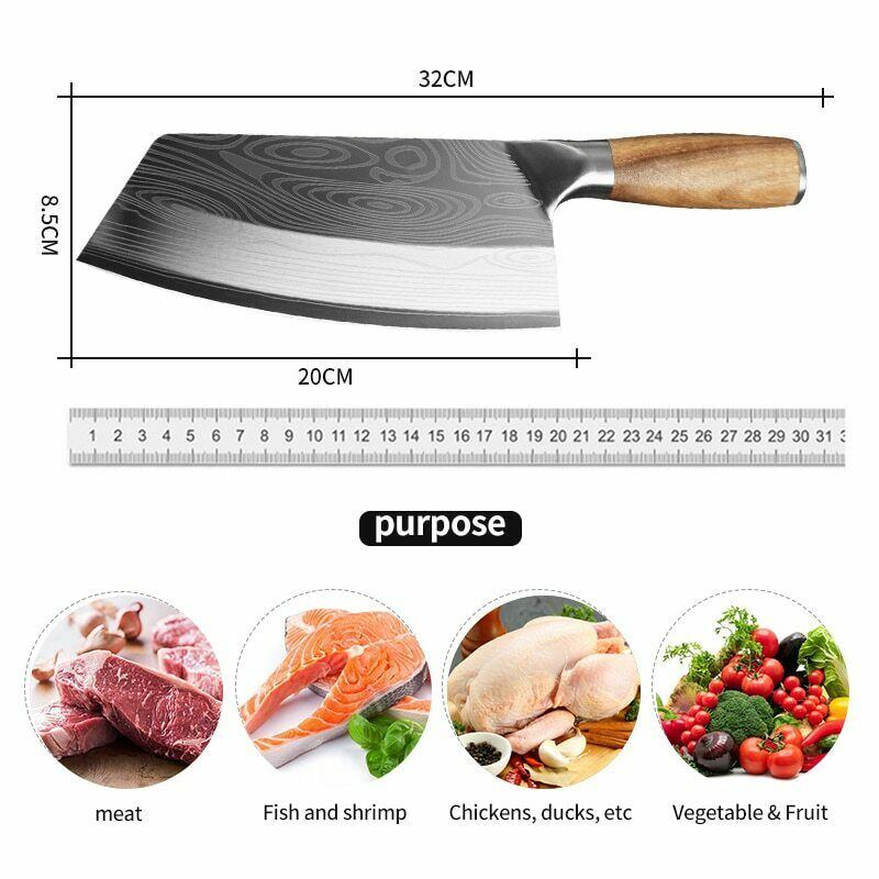 Stainless Steel Asian Chef Knife Kitchen Butcher Damascus Cleaver Chopping Meat - Fresh Stock Dated October 2025