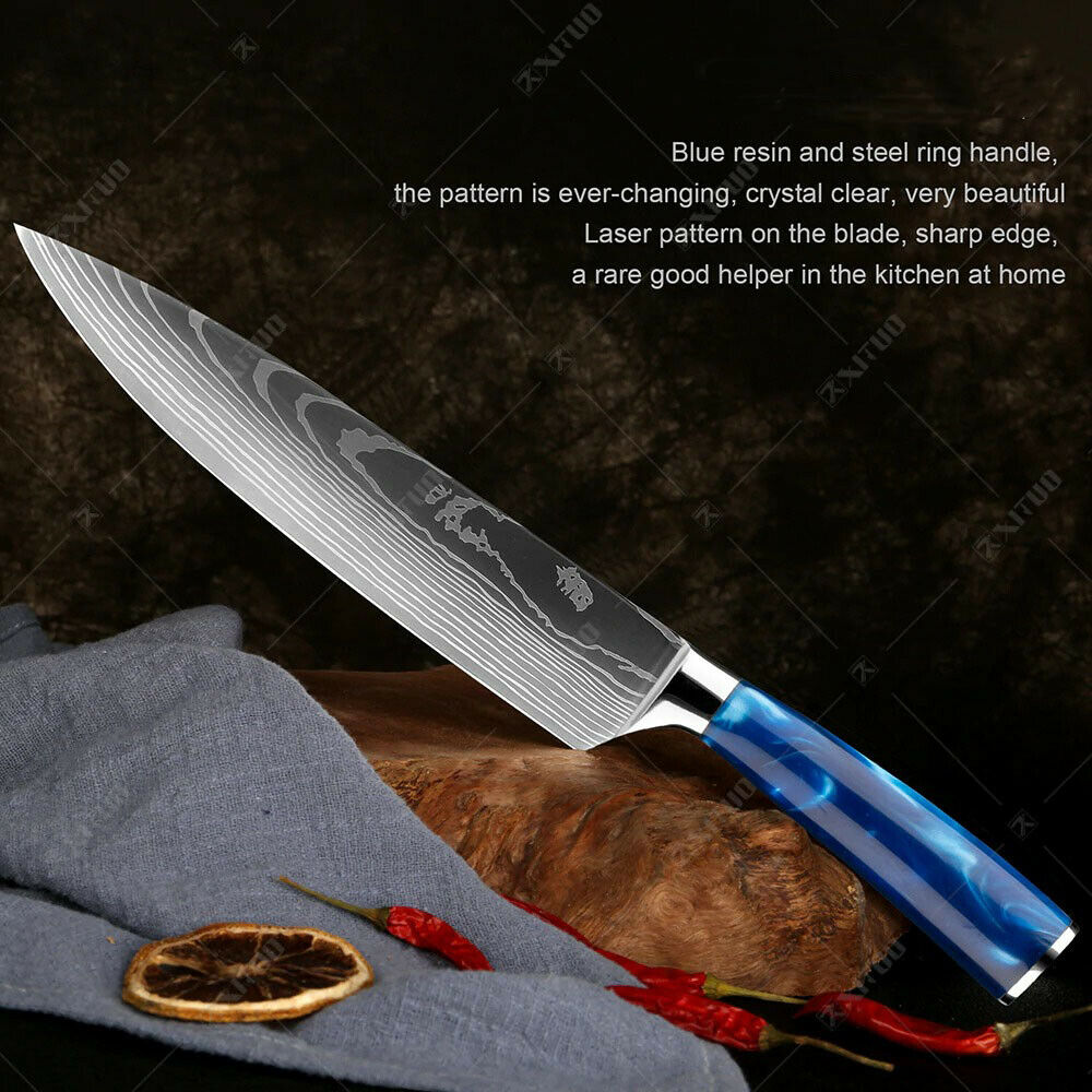 10 Pcs kitchen knives Set Damascus pattern Japanese Chef knife blue resin handle - Fresh Stock Dated October 2025