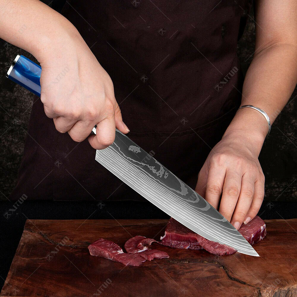 10 Pcs kitchen knives Set Damascus pattern Japanese Chef knife blue resin handle - Fresh Stock Dated October 2025