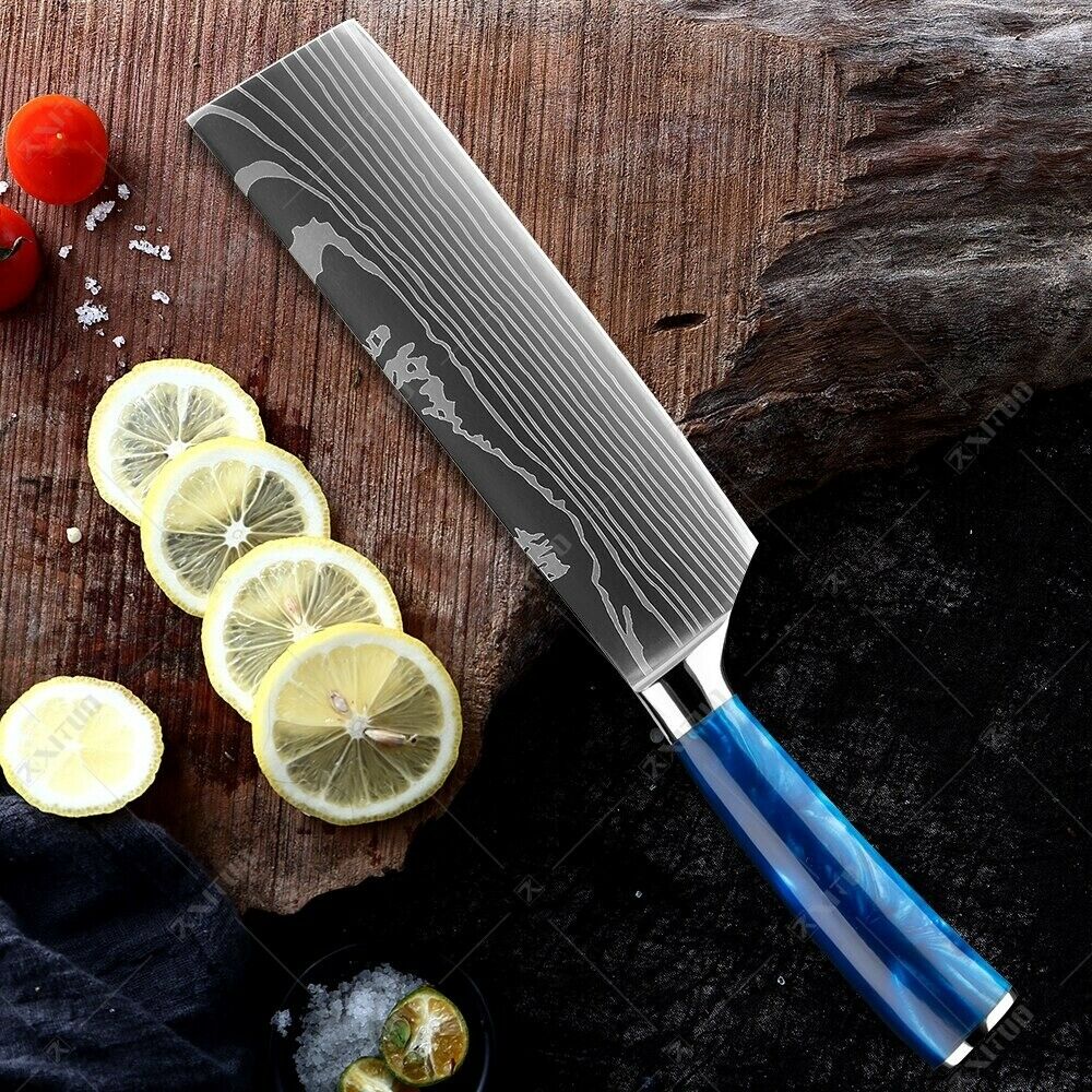 10 Pcs kitchen knives Set Damascus pattern Japanese Chef knife blue resin handle - Fresh Stock Dated October 2025