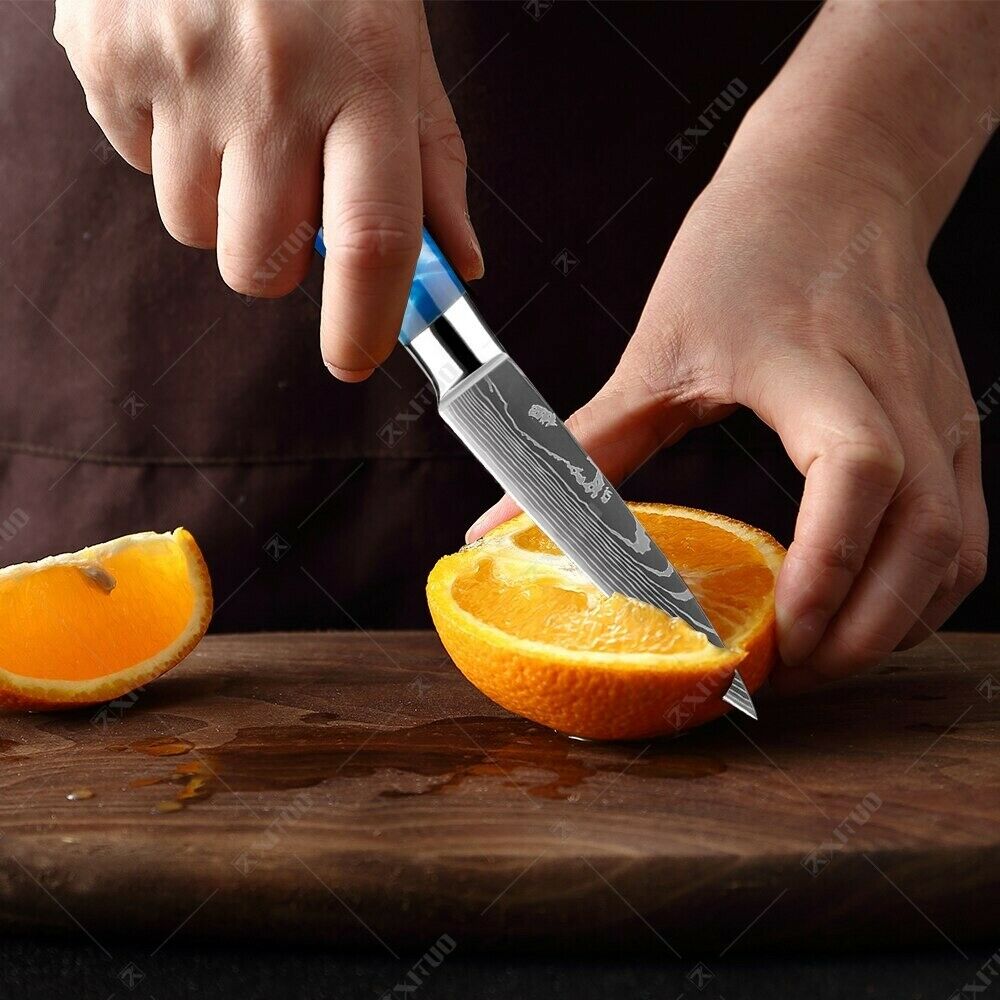 10 Pcs kitchen knives Set Damascus pattern Japanese Chef knife blue resin handle - Fresh Stock Dated October 2025