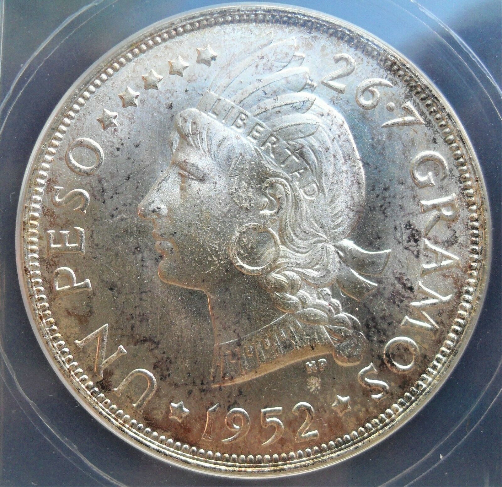 1952 Dominican Republic Peso , ANACS MS 66 ,  nice silver coin, rare GEM . - Fresh Stock Dated October 2025
