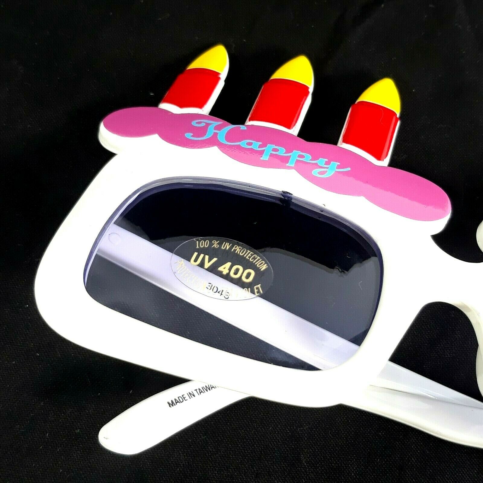 Happy Birthday Novelty Adult Big Frame Eyewear Sunglasses White w/ Six Candles - Fresh Stock Dated October 2025