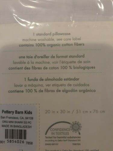 New With Tags Pottery Barn Kids Organic Mini Shark 2 Standard Navy Pillowcases - Fresh Stock Dated October 2025