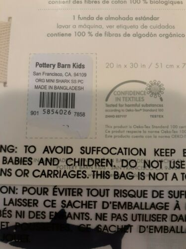 New With Tags Pottery Barn Kids Organic Mini Shark 2 Standard Navy Pillowcases - Fresh Stock Dated October 2025