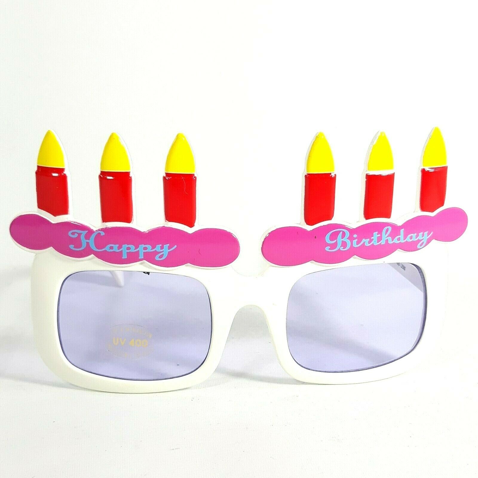 Happy Birthday Novelty Adult Big Frame Eyewear Sunglasses White w/ Six Candles - Fresh Stock Dated October 2025