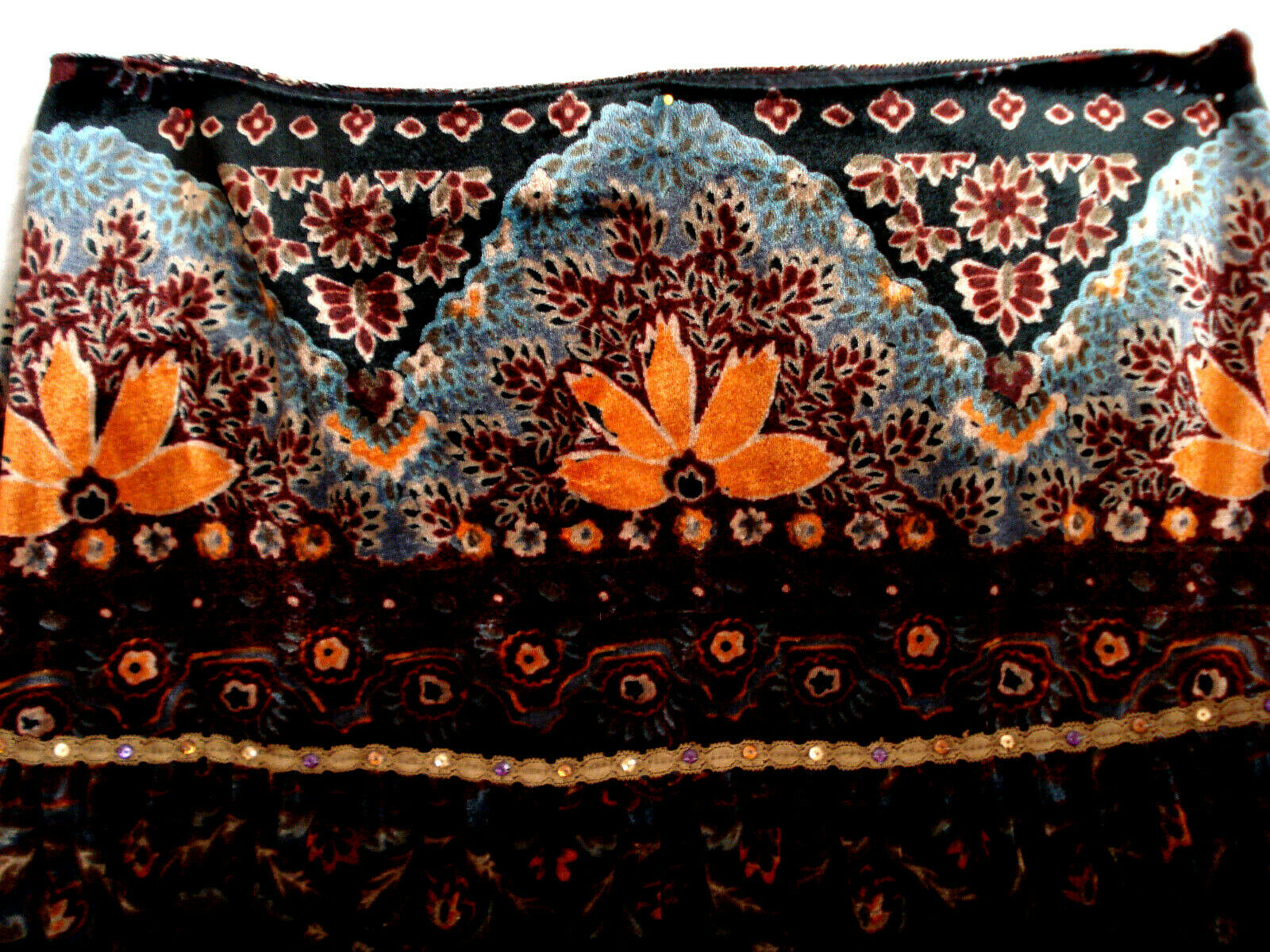 Vintage ICE Brand Siz 6 Boho-Hippie Long Velvet Skirt in Browns, Aqua, Peach - Fresh Stock Dated October 2025