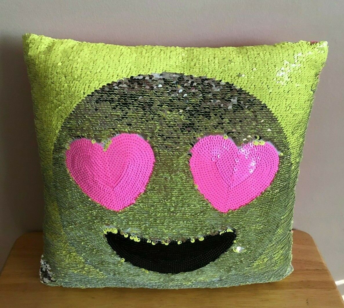 JUSTICE SEQUIN FLIP PILLOW SMILE FACE EMOJI SILVER YELLOW HEART EYES - Fresh Stock Dated October 2025