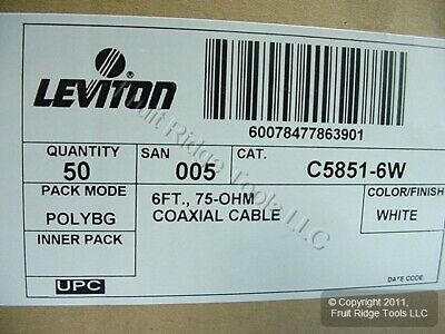 50 Leviton White 6' Coaxial Video Cables RG59 Plugs 75-Ohm F-Type Wire C5851-6W - Fresh Stock Dated October 2025