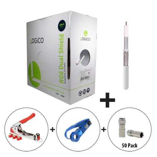 RG6 CoaxCable DualShield 1000FT White+Strip Tool+Crimp Tool+50F-Type Connect Kit - Fresh Stock Dated October 2025