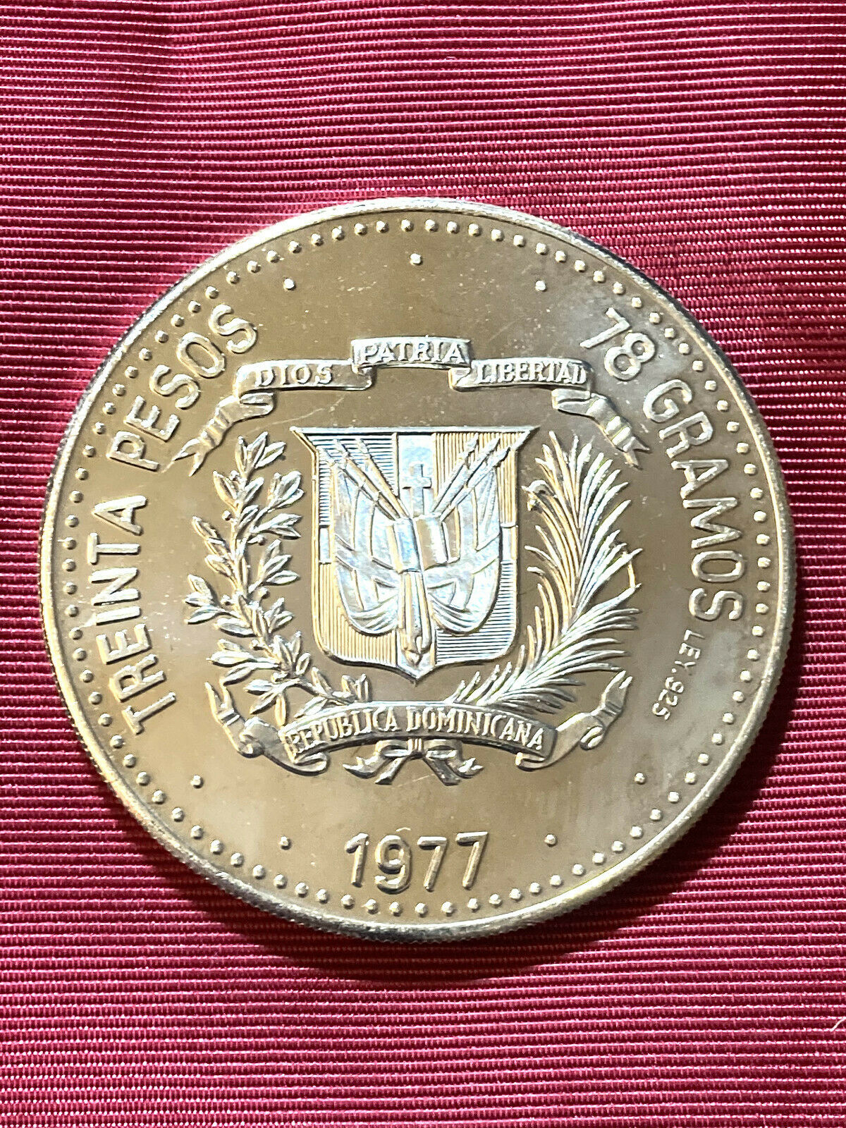 1977 DOMINICAN REPUBLIC 30 PESOS PROOF COIN OVER 2 OUNCES PURE SILVER - Fresh Stock Dated October 2025
