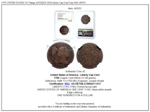 1795 UNITED STATES US Vintage ANTIQUE OLD Liberty Cap Cent Coin NGC i95553 - Fresh Stock Dated October 2025