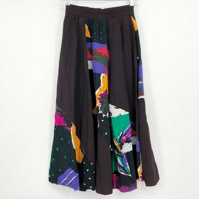 Vintage Skirt High Elastic Waist Knee Length Brown Colorblock Flowy 80 Pattern 6 - Fresh Stock Dated October 2025