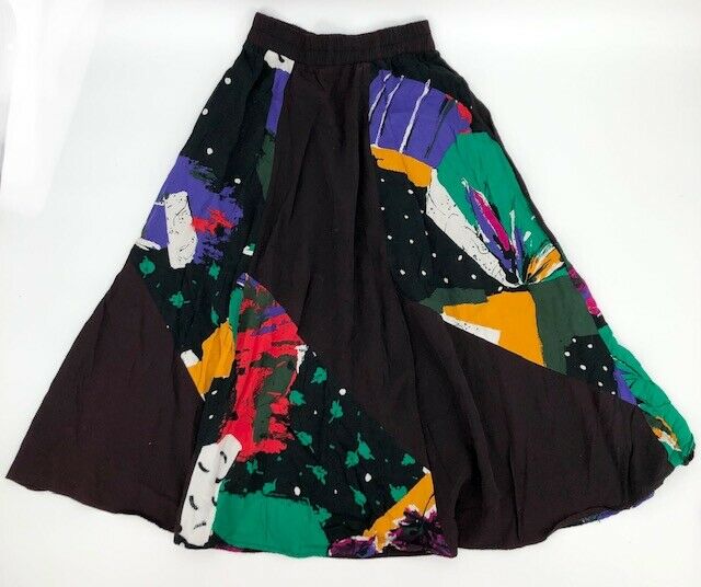 Vintage Skirt High Elastic Waist Knee Length Brown Colorblock Flowy 80 Pattern 6 - Fresh Stock Dated October 2025