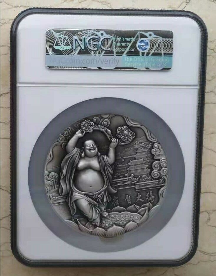 NGC PF70 Antiqued 2019 China 80mm Silver (around 436g) Medal - Maitreya - 弥勒佛 - Fresh Stock Dated October 2025